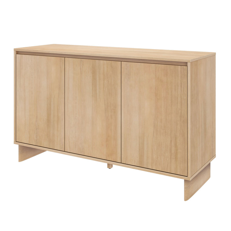 Minimalist natural oak three-door wooden sideboard cabinet with concealed storage, mid-century modern console for living room or entryway
