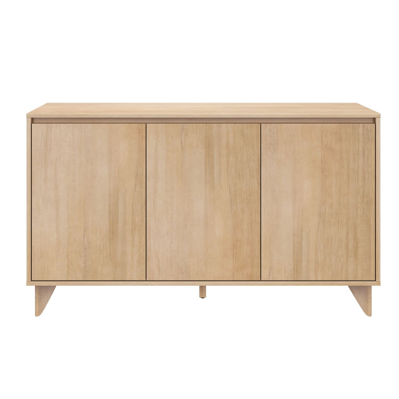 Modern minimalist light oak 3-door sideboard cabinet with tapered legs, storage credenza for living room, entryway, or dining room