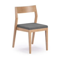 Modern wooden dining chair with grey cushion, ideal for contemporary home interiors.