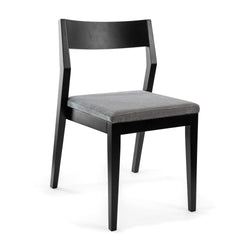 Modern black wooden chair with gray cushioned seat perfect for dining and living room decor.