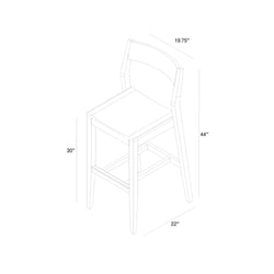 Line drawing of a bar stool with dimensions: 44" height, 30" seat height, 22" depth, and 19.75" width.