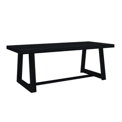 Black wooden dining table with a modern design and sturdy legs.