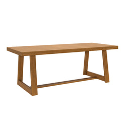 Wooden dining table with modern design and rectangular shape.