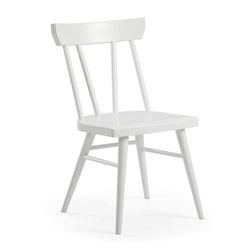 White wooden dining chair with spindle backrest and angled legs.