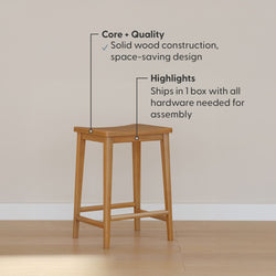 Wooden bar stool with solid wood construction and space-saving design, includes hardware for assembly.