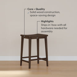 Solid wood stool with space-saving design, highlighting easy assembly and single-box shipping.