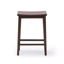 Wooden bar stool with dark finish and curved seat design on a white background.