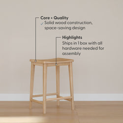 Solid wood stool with space-saving design, highlighting durability and convenient one-box shipping for easy assembly.