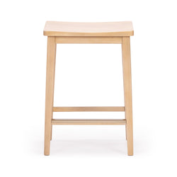 Natural wood bar stool with a minimalist design and curved seat.