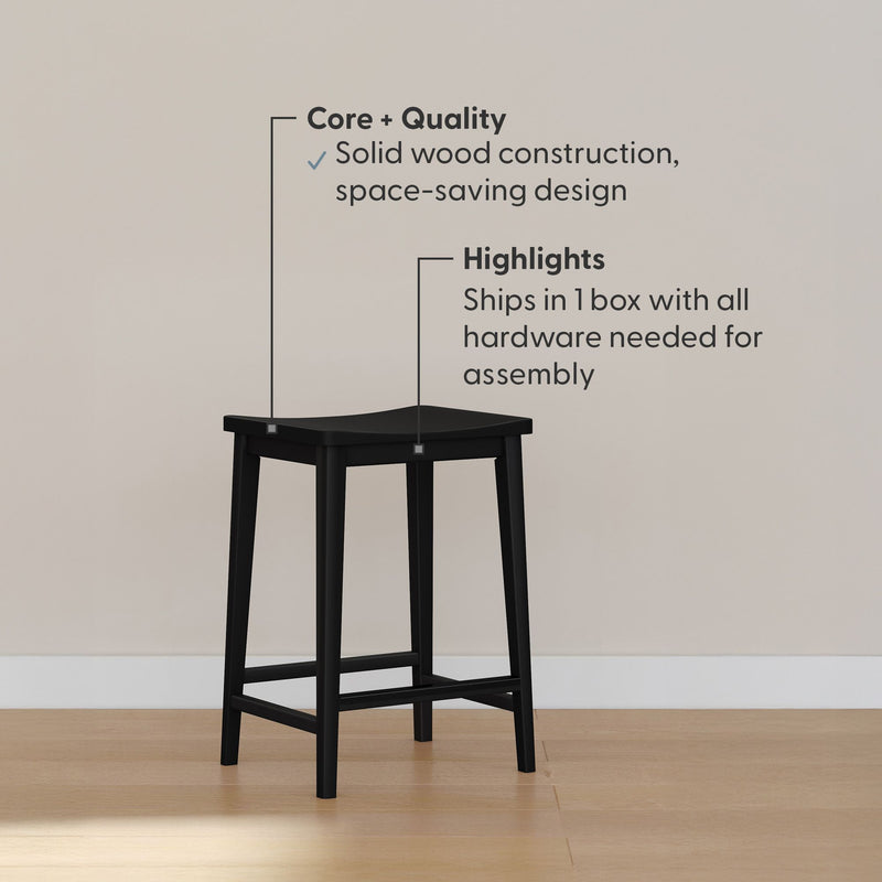 Black wooden stool with solid wood construction and space-saving design, includes hardware for easy assembly.