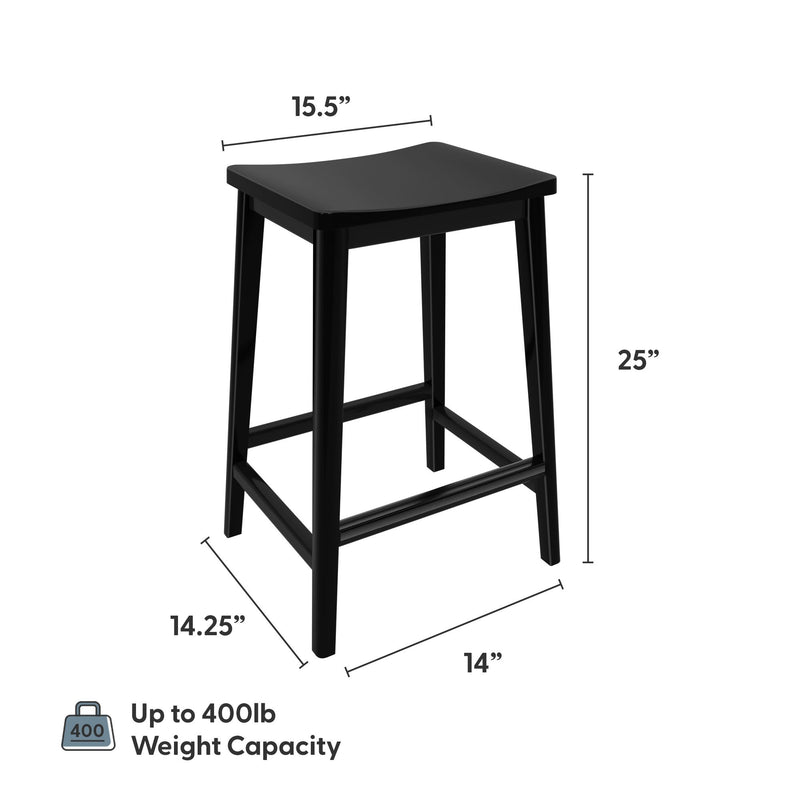 Black wooden bar stool with 25-inch height, 15.5-inch width, and 400lb weight capacity.