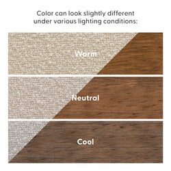Side-by-side comparison of beige carpet and brown wood flooring under warm, neutral, and cool lighting conditions, illustrating how color temperature changes interior material appearance