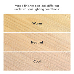 Three-panel comparison of natural wood finish and grain under warm, neutral, and cool lighting showing color variation
