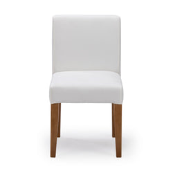 Front view of a modern white upholstered armless dining chair with wooden legs on a clean white background