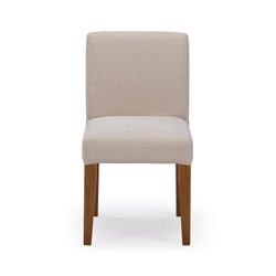 Beige upholstered dining chair with light wood tapered legs, modern Parsons-style fabric seat and back on white background