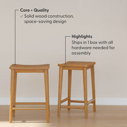 Simple solid wood bar stools with space-saving design and easy assembly features.