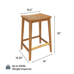 Wooden bar stool with dimensions: 25 inches height, 15.5 inches width, 14 inches depth, and 400lb weight capacity.