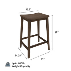 Wooden bar stool with a 15.5-inch width, 14.25-inch depth, and 25-inch height, supporting up to 400 lbs.
