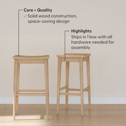 Solid wood bar stools with space-saving design and easy assembly.