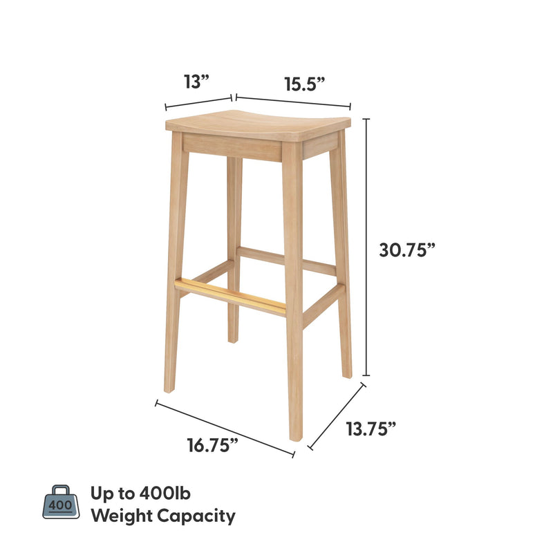 Wooden bar stool with dimensions 13" x 15.5" x 30.75", featuring a weight capacity of up to 400 pounds.
