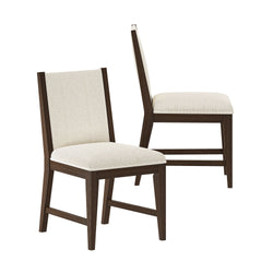 Set of 2 mid-century modern dining chairs with dark walnut wood frame and beige upholstered cushioned seat and back, armless side chairs for kitchen or dining room