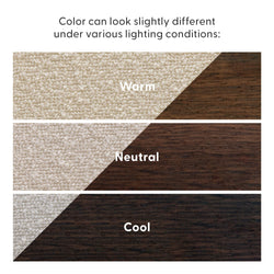 Beige carpet and dark hardwood flooring comparison showing color variation under warm, neutral, and cool lighting conditions