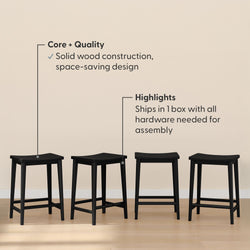 Set of four black wooden stools with a solid wood construction and space-saving design, shown on a light wood floor with assembly features highlighted.