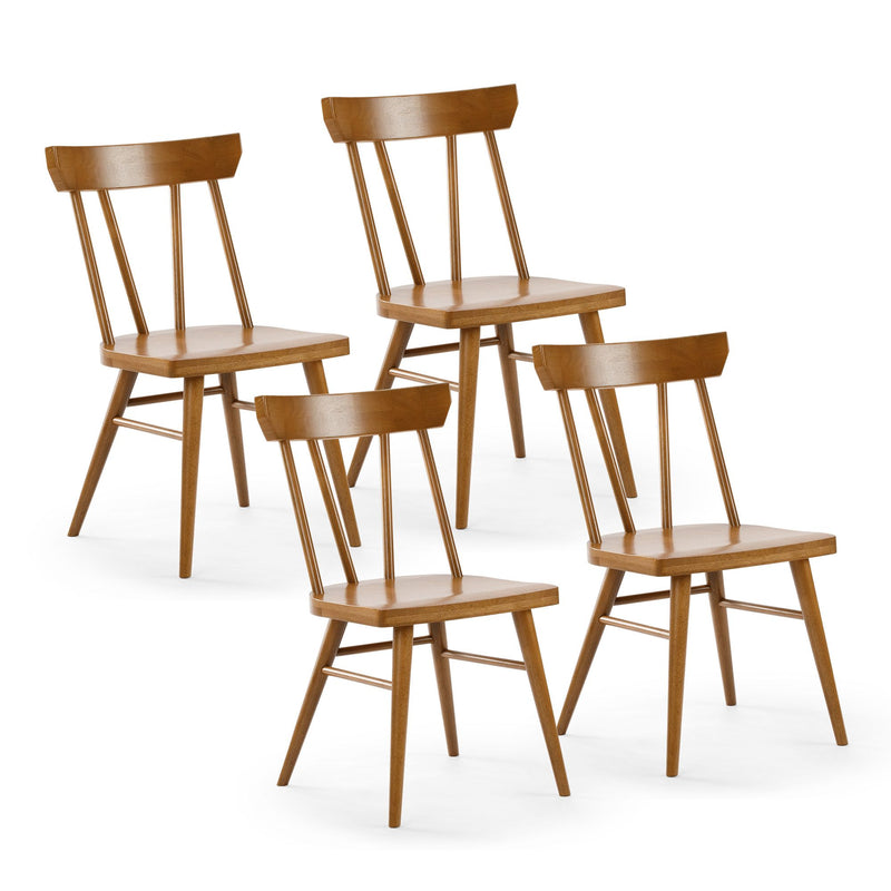 Set of four wooden dining chairs with a natural finish and spindle back design.