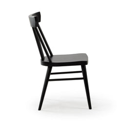 Modern black wooden chair with minimalist design, side view.