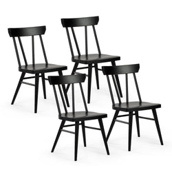 Set of four black wooden dining chairs with modern design.