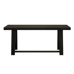 Modern black rectangular dining table with sleek wooden design.