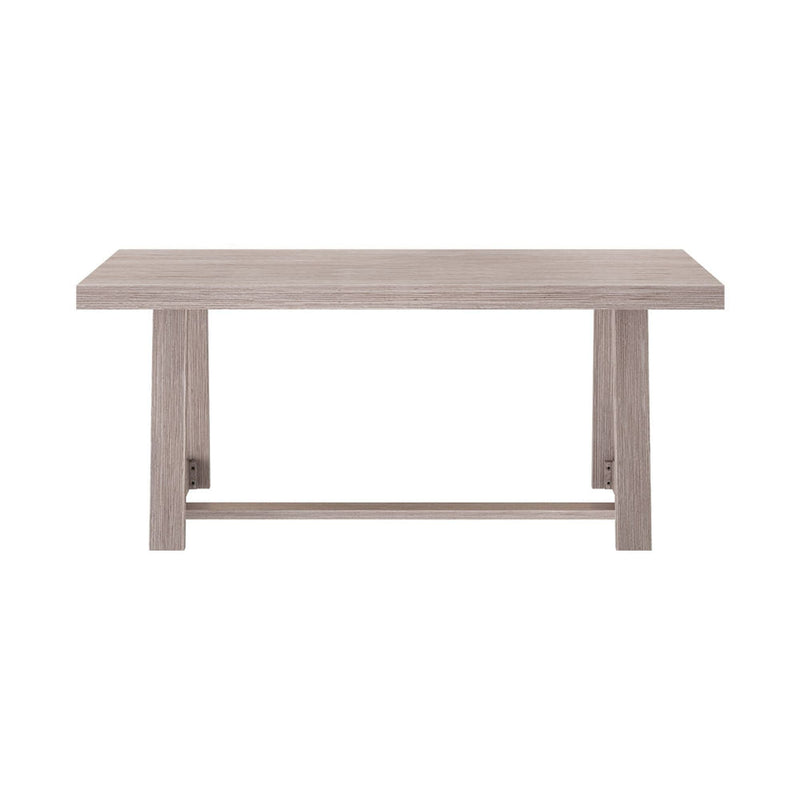 Modern grey wooden dining table with minimalist design.
