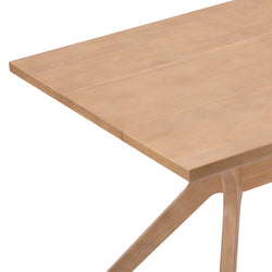 Modern wooden dining table with a sleek design and sturdy legs.