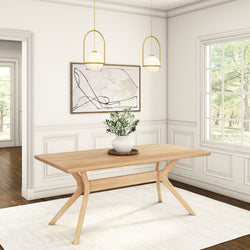 Elegant minimalist dining room with wooden table, potted plant centerpiece, and modern artwork.