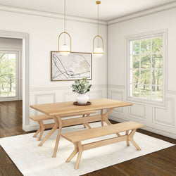 Modern dining room with wooden table, matching benches, white walls, large window, and abstract wall art.