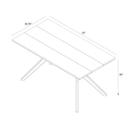 Line drawing of a modern rectangular dining table with dimensions of 72 inches by 35.75 inches by 30 inches, featuring angled legs.