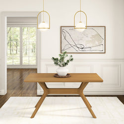 Minimalist dining room with wooden table, white vase, abstract wall art, pendant lights, and large window.