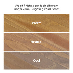 Comparison of wood finishes: warm, neutral, and cool tones under different lighting conditions.