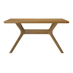 Modern wooden dining table with sleek design and minimalist legs.