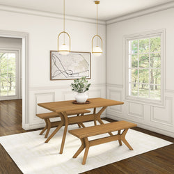 Elegant minimalist dining room with wooden table set, modern lighting, and large window.