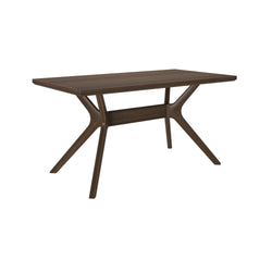 Modern wooden dining table with minimalist design and angled legs.