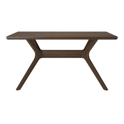 Wooden dining table with modern design and stylish angled legs.