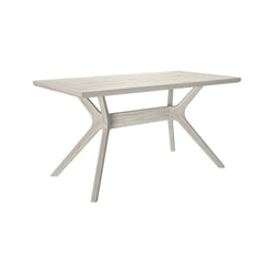 Modern minimalist wooden dining table with unique angled legs in a light oak finish.