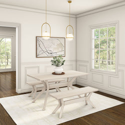 Elegant dining room with modern light wood furniture, houseplant centerpiece, abstract wall art, and pendant lighting in a bright interior setting.