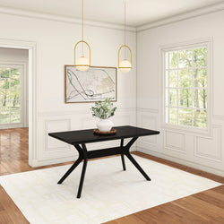 Modern dining room with black table, white walls, abstract art, and two gold pendant lights.