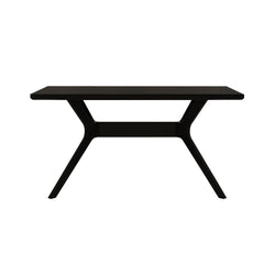 Modern black dining table with sleek design and minimalist metal legs.