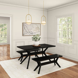 Modern dining room with black wood table and benches, white walls, pendant lighting, and window view of greenery.
