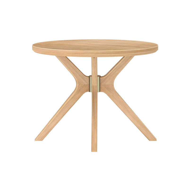 Elegant round wooden dining table with modern, minimalist design and sturdy legs.