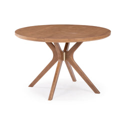 Round wooden dining table with modern pedestal legs, ideal for contemporary home decor.
