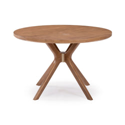 Round wooden dining table with modern pedestal base.